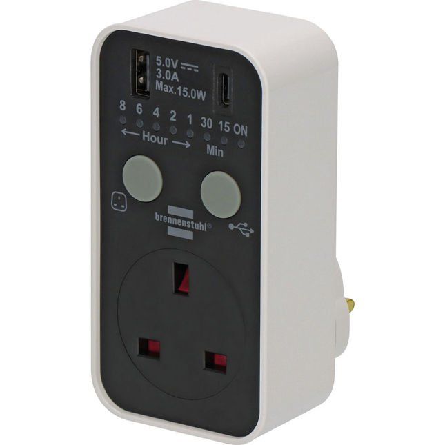 Brennenstuhl 1506183 Countdown Timer Plug with USB-A & USB-C for Indoor Use - Image 1