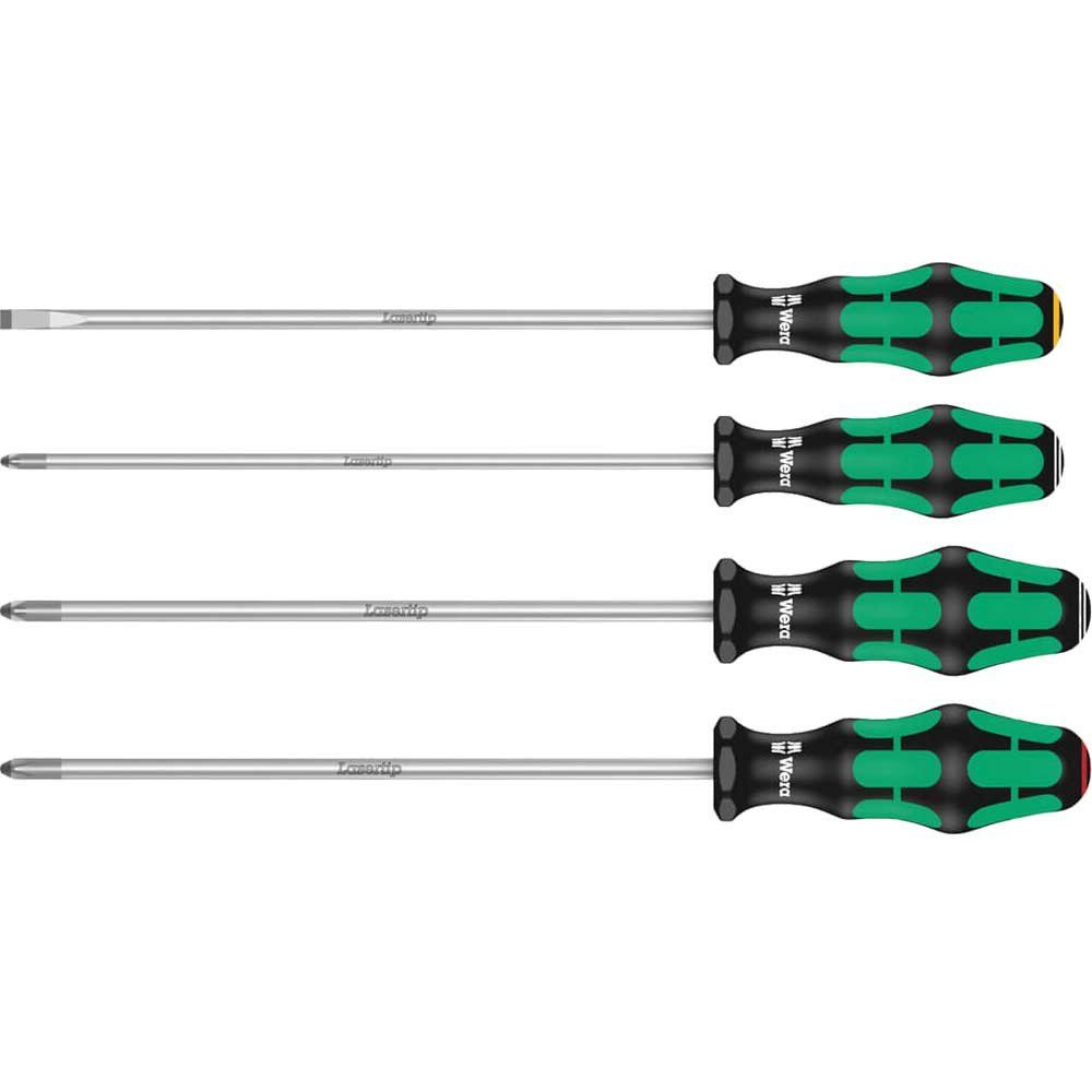 Wera 335/350/355/4 Kraftform Plus LaserTip Long Screwdriver 200mm Set 4 Piece SL/PH/PZ - Image 1