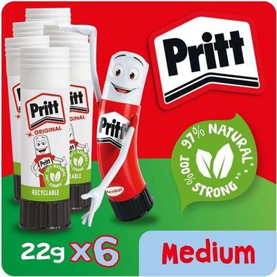 Pritt Original Glue Stick Sustainable Long Lasting Strong Adhesive Solvent Free Value Pack 22g (Pack 6) - 1456071