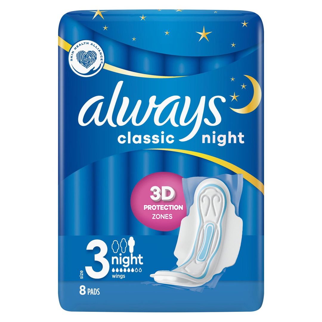 Pack of 8 Always Classic Night Pads with Wings - White - Image 1