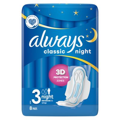 Pack of 8 Always Classic Night Pads with Wings - White