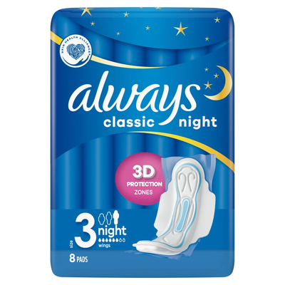 Pack of 8 Always Classic Night Pads with Wings - White - Thumbnail 2
