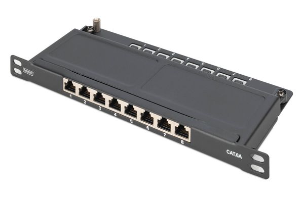 Digitus CAT 6A Slim Patch Panel. shielded. 8-port. 0.5 U. 10". bl