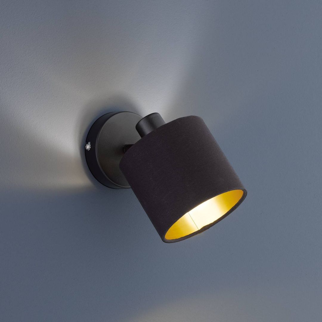 Reality Leuchten Tommy wall spotlight, black/gold, width 12 cm, metal/fabric - Image 1