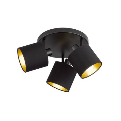 Reality Leuchten Tommy downlight, black/gold, Ø 25 cm, 3-bulb, fabric