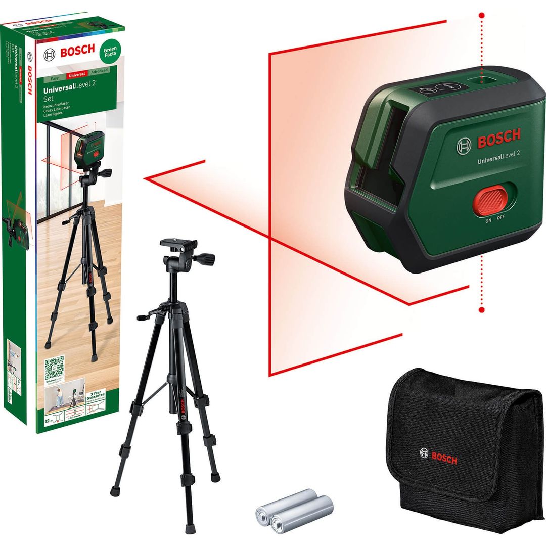 Bosch UNIVERSALLEVEL 2 Cross Line Laser Level and Tripod Set - Image 1