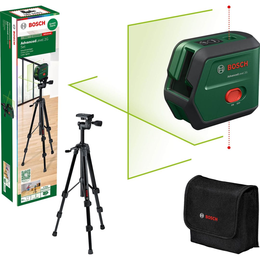 Bosch ADVANCEDLEVEL 2G Cross Line Green Laser Level and Tripod Set - Image 1