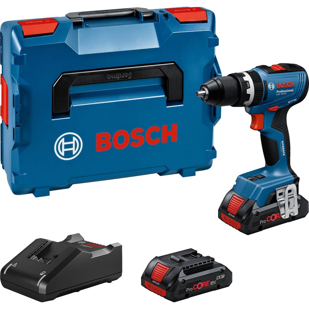 Bosch GSB 18V-65 18v Cordless Brushless Combi Drill 2 x 4ah Li-ion ProCore Battery Charger Case - Image 1