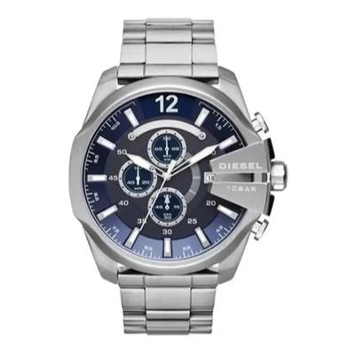 Diesel Mega Chief DZ4417 Men's Chronograph Watch – 51mm Blue Dial Silver Steel Bracelet