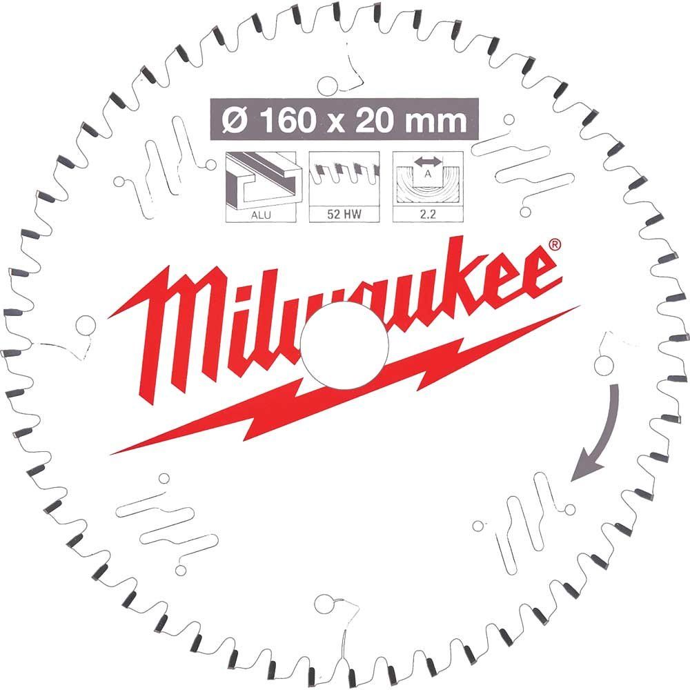 Milwaukee Aluminium Cutting Circular Saw Blade 160mm 52T 20mm - Image 1