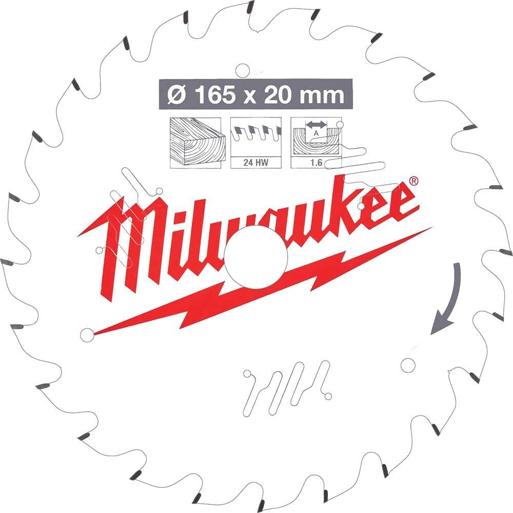 Milwaukee Thin Kerf Wood Cutting Circular Saw Blade 165mm 24T 20mm - Image 1