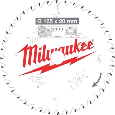 Milwaukee Thin Kerf Wood Cutting Circular Saw Blade 165mm 40T 20mm