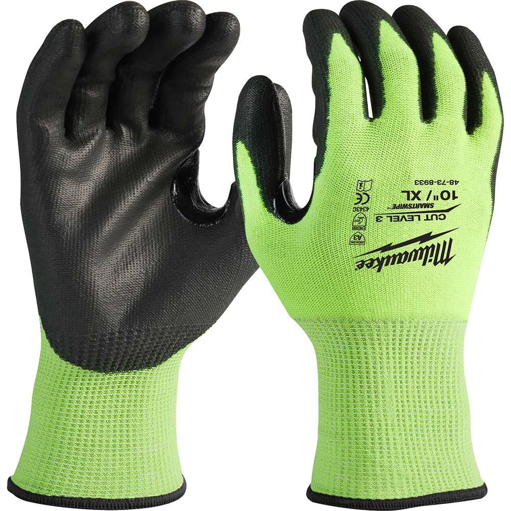 Milwaukee Hi Vis Cut Level 3 Dipped Work Gloves Black / Yellow XL Pack of 1 - Image 1