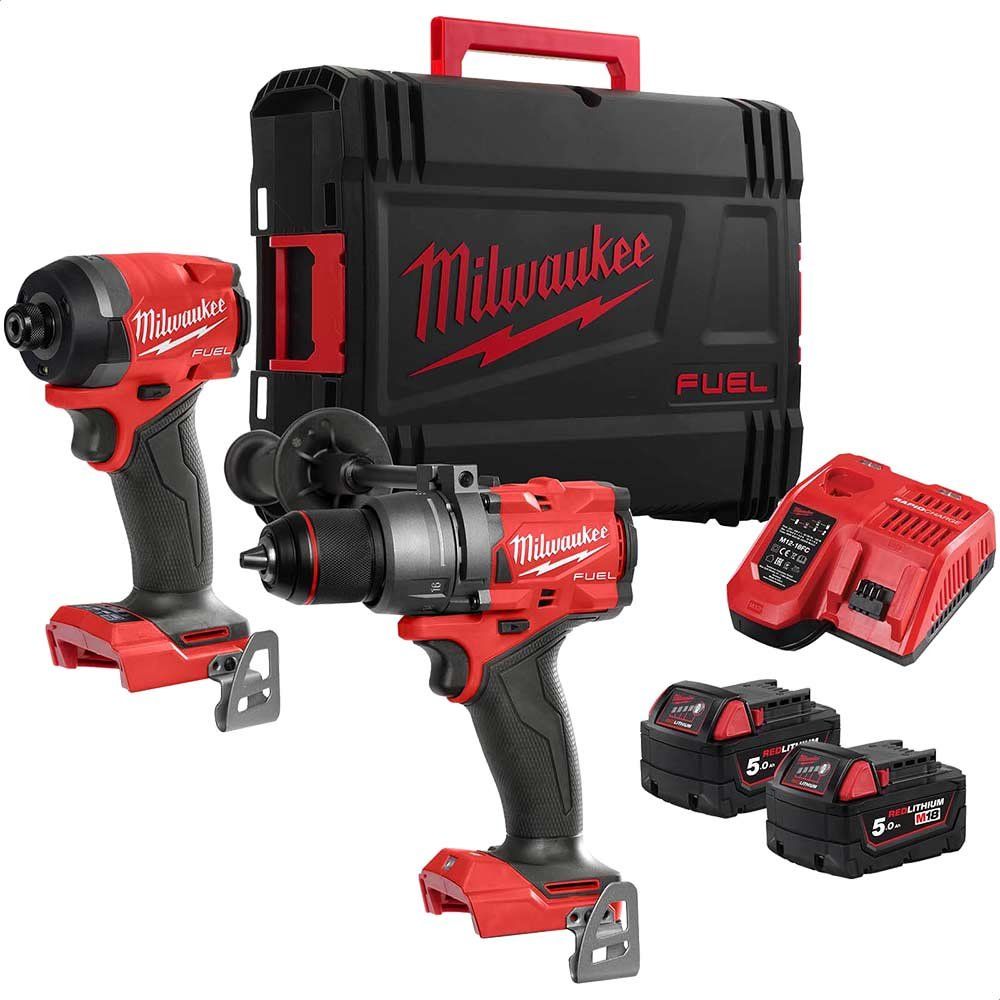 Milwaukee M18 FPP2A3 Fuel 18v Cordless Brushless Combi Drill and Impact Driver Kit 2 x 5ah Li-ion Battery Charger Case - Image 1