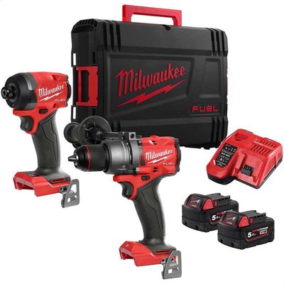 Milwaukee M18 FPP2A3 Fuel 18v Cordless Brushless Combi Drill and Impact Driver Kit 2 x 5ah Li-ion Battery Charger Case
