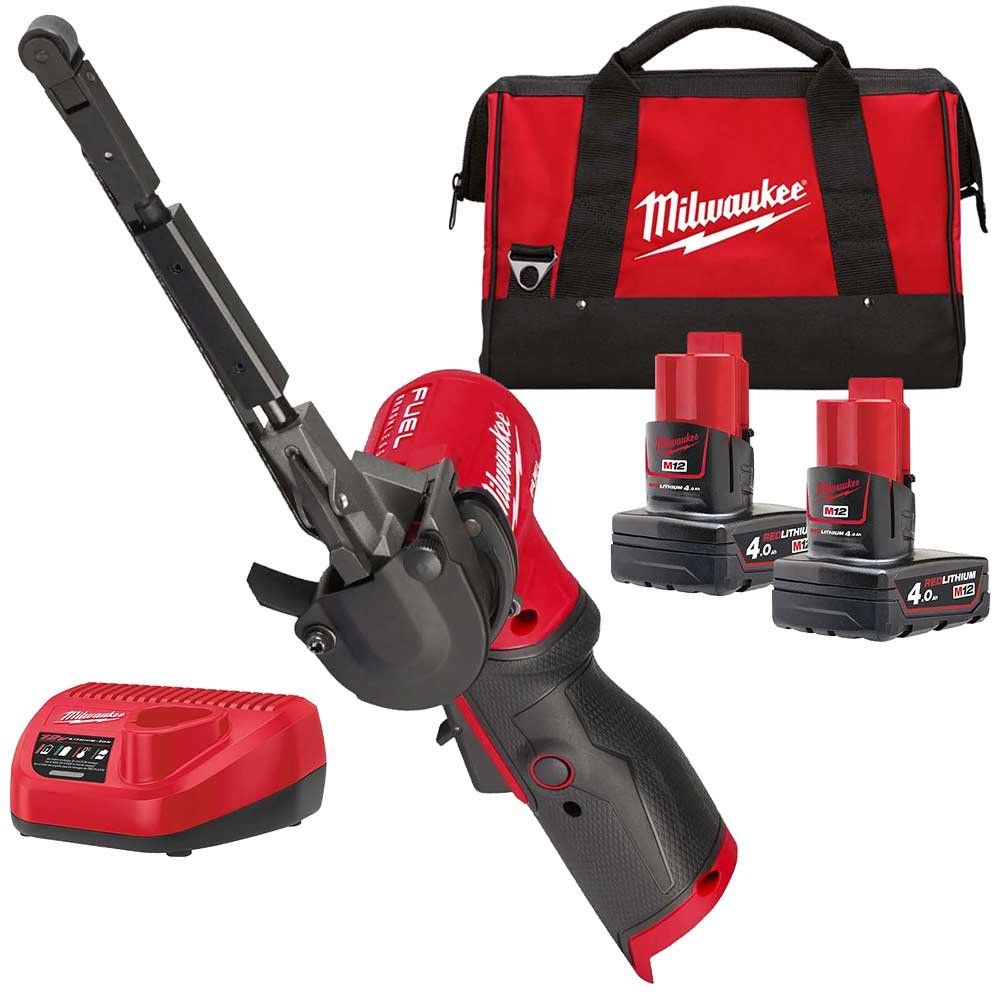 Milwaukee M12 FBFL13 Fuel 12v Cordless Brushless Belt Sander 2 x 4ah Li-ion Battery Charger Bag - Image 1