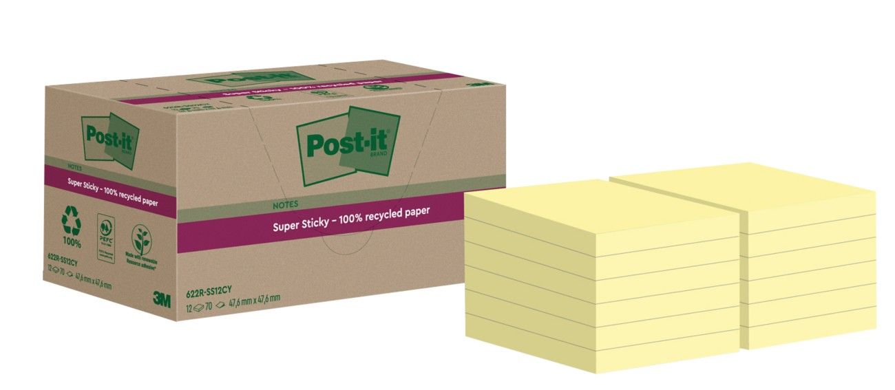 Post-it Super Sticky Recycled 47.6x47.6mm Cardboard Packaging Yellow (Pack of 12) 622RSS12CY - Image 1