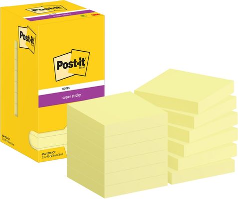 Post-it Super Sticky Note 76x76mm 90 Sheets Cardboard Packaging Canary Ylw (Pack of 12) 654-12SS-CY