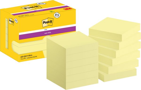 Post-it Super Sticky Notes 47.6x47.6 90 Sheets Yellow VALUE Pack 8+4 FREE (Pack of 12) 622-SSCY-P8+4