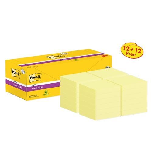 Post-it Super Sticky Notes Value Pack 76 mm x 76 mm 12 pads + 12 FREE Canary Yellow (Pack 24) - 7100290162 - Image 1