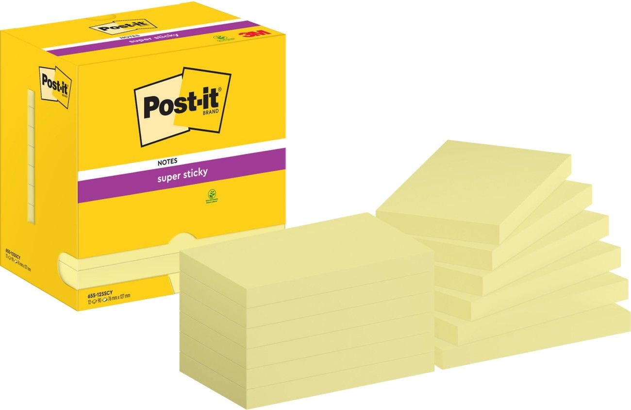 Post-it Super Sticky 76x127mm 90 Sheets Cardboard Packaging Canary Yellow (Pack of 12) 655-12SSCY-EU - Image 1