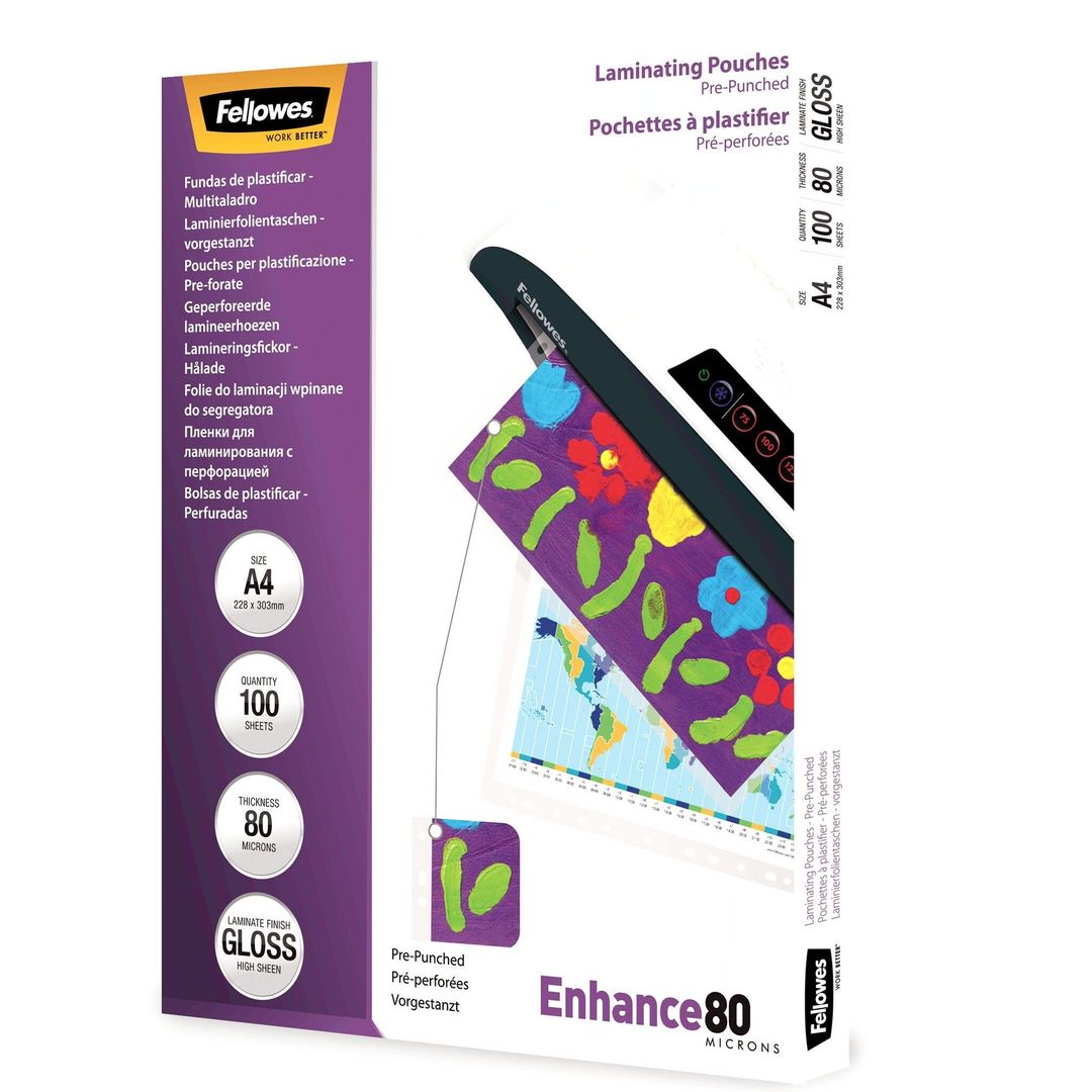 Fellowes A4 Pre-Punched 80 Micron Laminating Pouch - Image 1