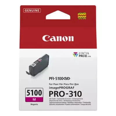 Canon PFI-5100 M. Supply type: Single pack Colour ink volume: 14.4 ml Printing colours: Magenta Quantity per pack: 1 pc(s)