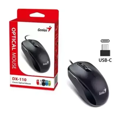 Genius Dx-110 Wired Usb-Type C Plug And Play Mouse 1000 Dpi Optical Tracking 3 Button With Scroll Wheel Ambidextrous Design With 1.5M Cable Black