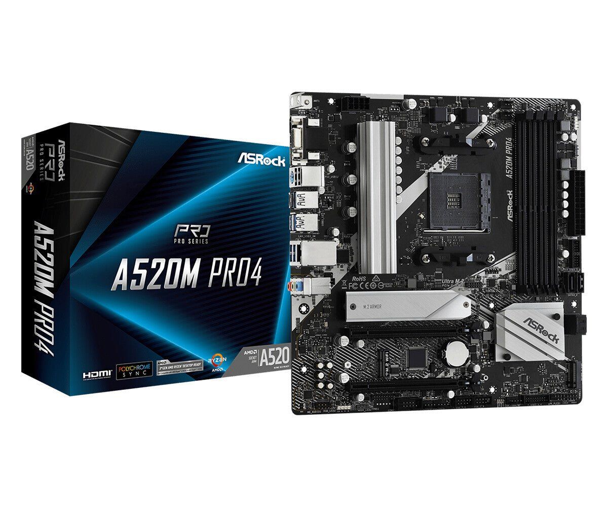 ASRock A520M PRO4 Super Alloy AMD AM4 Socket Motherboard Micro-ATX 4x DDR4 Slots 1x M.2 Socket GbE LAN 1x D-Sub / 1x DisplayPort / 1x HDMI Port - Image 1