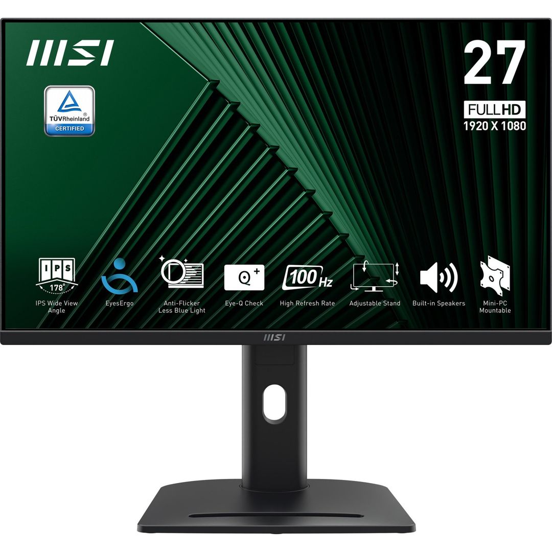 MSI PRO MP275PG 27 Inch Monitor, FHD (1920 x 1080), 100Hz, IPS, 1ms, 1x HDMI 1.4b, 1x DP 1.2a output, 1x D-Sub(VGA), Built-in Speakers, Anti-Glare, Anti-Flicker, Less Blue light, TÜV Certified, VESA, Kensington, 4-way adjustable stand, Black - Image 1