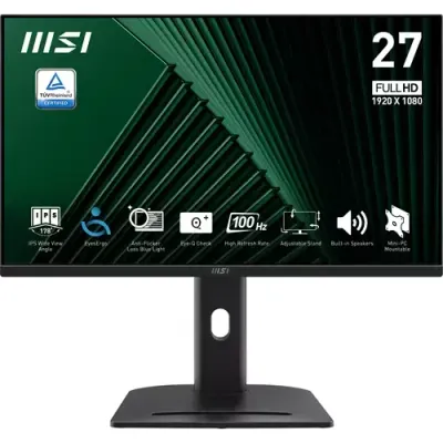 MSI PRO MP275PG 27 Inch Monitor, FHD (1920 x 1080), 100Hz, IPS, 1ms, 1x HDMI 1.4b, 1x DP 1.2a output, 1x D-Sub(VGA), Built-in Speakers, Anti-Glare, Anti-Flicker, Less Blue light, TÜV Certified, VESA, Kensington, 4-way adjustable stand, Black - Thumbnail 2