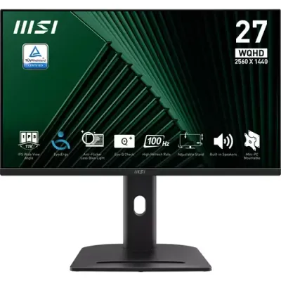 MSI Pro MP275QPG 27 Inch Monitor QHD (2560 x 1440) 100Hz IPS 1ms 2x HDMI 2.0b 1x DP 1.2a output Built-in Speakers Anti-Glare Anti-Flicker Less Blue light TV Certified VESA Kensington 4-way adjustable stand Black