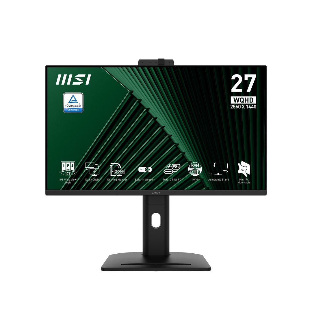MSI Pro MP275QPDG 27 Inch Monitor QHD (2560 x 1440) 100Hz IPS 1ms 2x HDMI 2.0b 1x DP 1.2a input 1x DP 1.2a output 1x Type-C (DP alt.) w/ 98W PD 1x LAN 4xUSB 5Gbps Type-A 1x USB 5Gbps Type-B Built-in Speakers Webcam Daisy Chain HDR Read - Image 1