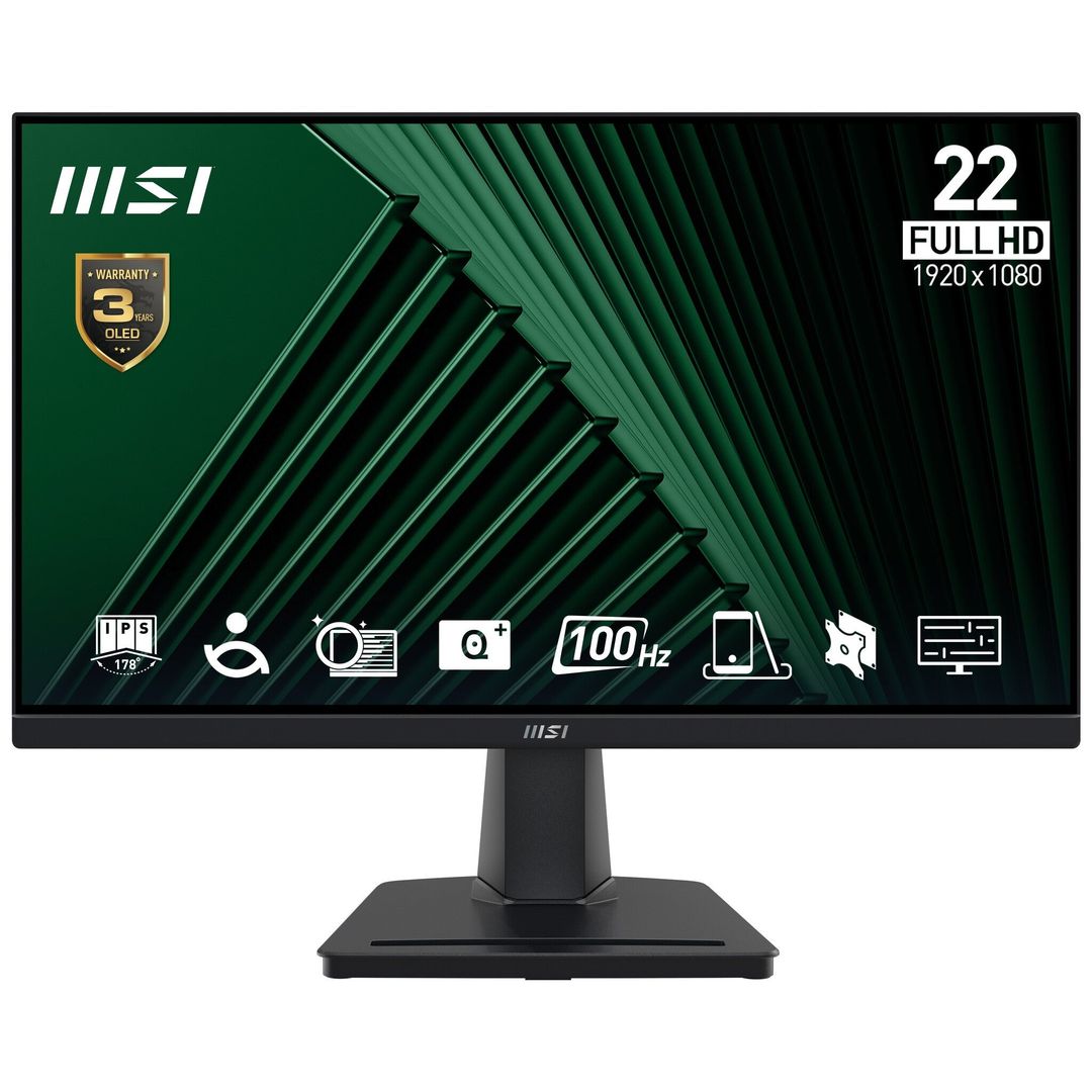 MSI Pro MP225V 21.45 Inch Monitor, FHD (1920 x 1080), 100Hz, VA, 1ms, 1x HDMI 1.4b, 1x D-Sub(VGA), Anti-Glare, Anti-Flicker, Less Blue light, TÜV Certified, VESA, Kensington, Black - Image 1