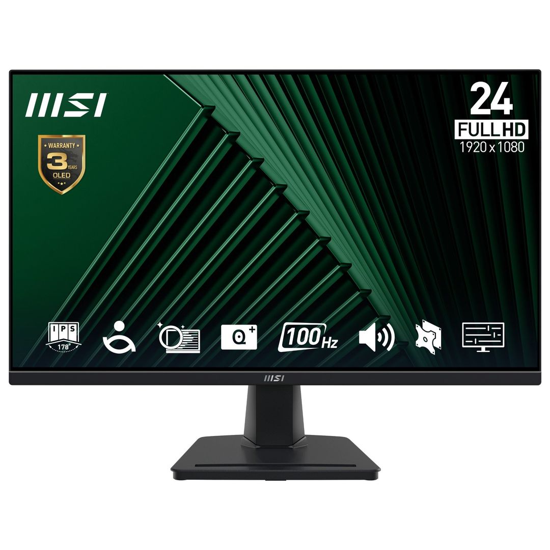 MSI Pro MP245G 24 Inch Monitor, FHD (1920 x 1080), 100Hz, IPS, 1ms, 1x HDMI 1.4b, 1x DP 1.2a output, 1x D-Sub(VGA), Built-in Speakers, Anti-Glare, Anti-Flicker, Less Blue light, TÜV Certified, VESA, Kensington, Black - Image 1