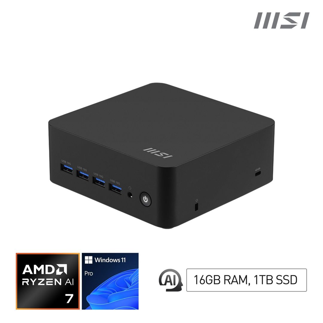 MSI Cubi Z AI 8M AMD Ryzen 7 8845HS, Desktop PC, SFF, Mini Computer, HTPC, (16GB RAM, 1TB Storage, Windows 11 PRO), AMD Radeon Graphics/DDR5/Dual HDMI/Dual LAN/WiFi 6E/BT 5.3/VESA - Image 1