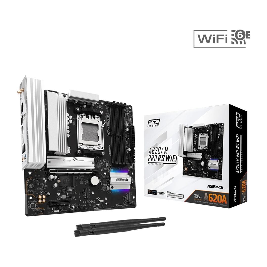Asrock A620AM PRO RS WIFI, AMD A620A, AM5, Micro ATX, 4 DDR5, HDMI, DP, Wi-Fi 6E, 2.5G LAN, RGB, 3x M.2 - Image 1