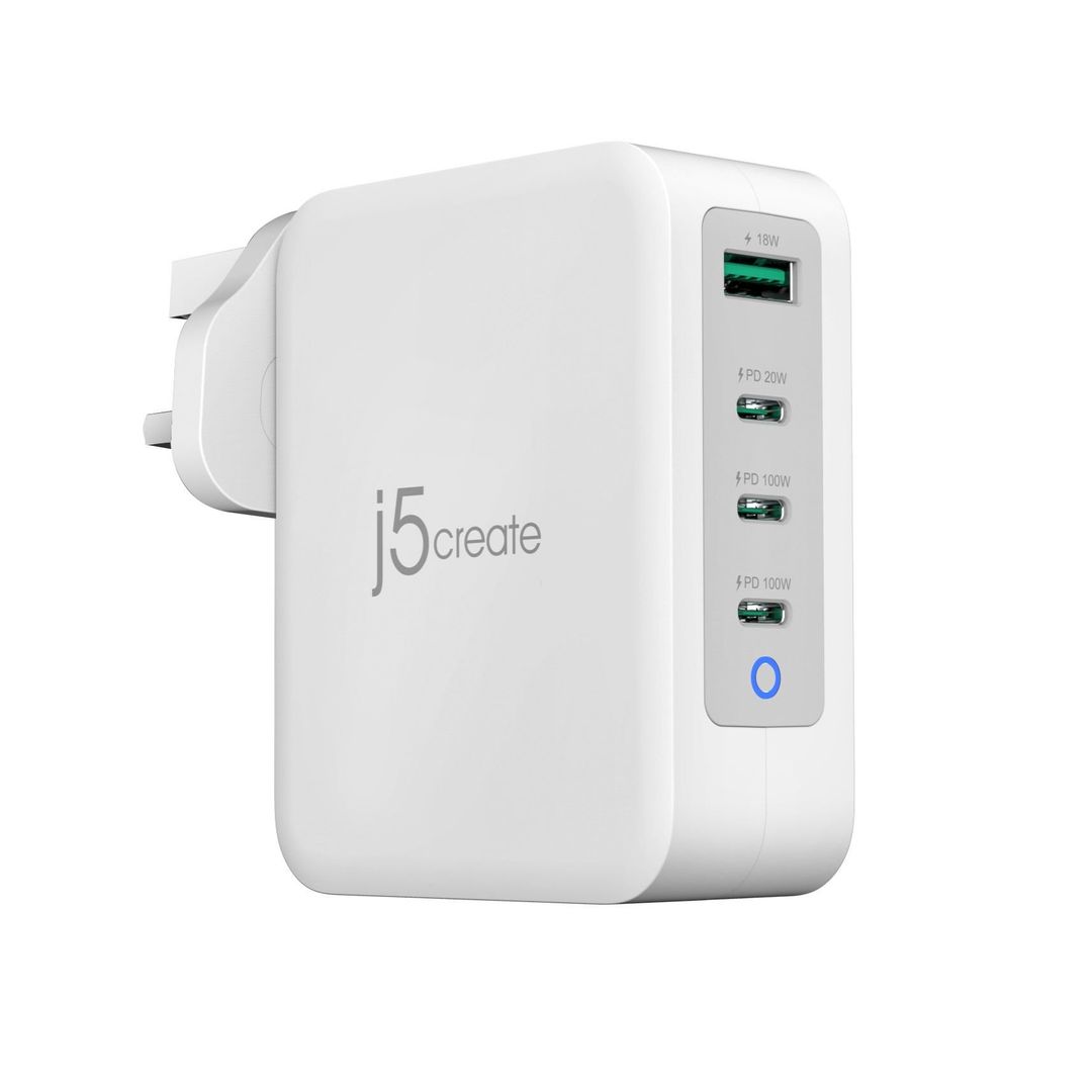 j5create JUP43130F-FN 130W GaN USB-C 4-Port Charger - UK Indoor USB Grey White - Image 1