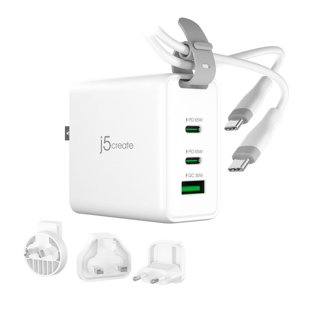 j5create 65W GaN USB-C 3-Port Traveler Charger with changeable AC plugs and USB-C cable - Image 1