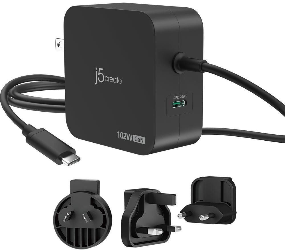 j5create 102W GaN PD USB-C 2-Port Charger with Changeable AC Plugs - Image 1