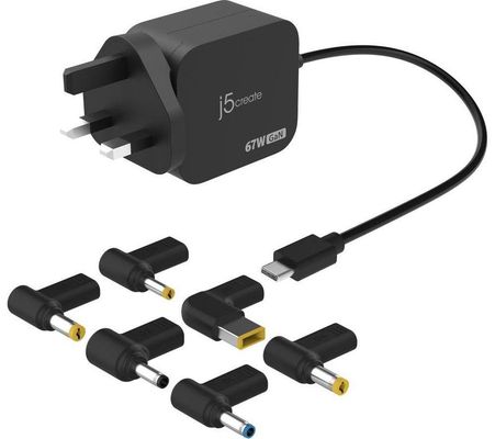 j5create JUP1565DC 67W GaN PD USB-C Mini Charger with 6 Types of DC Connector-UK Black
