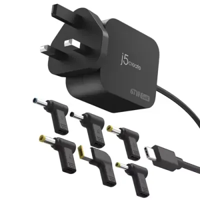 j5create JUP1565DC 67W GaN PD USB-C Mini Charger with 6 Types of DC Connector-UK Black - Thumbnail 2