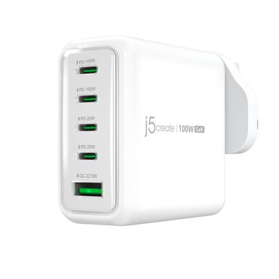 j5create JUP53100 100W GaN USB-C 5-Port Charger. Charger type: Indoor Power source type: AC Charger compatibility: Universal. Product colour: White - Thumbnail 2