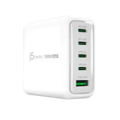 j5create JUP53100 100W GaN USB-C 5-Port Charger. Charger type: Indoor Power source type: AC Charger compatibility: Universal. Product colour: White