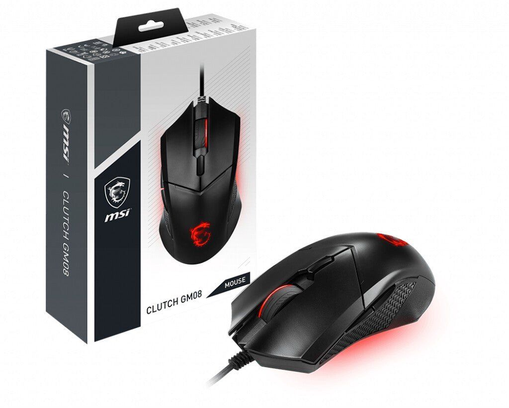 MSI CLUTCH GM08 Optical Gaming Mouse '4200 DPI Optical Sensor 6 Programmable button Symmetrical design Durable switch with 10+ Million Clicks Weight Adjustable Red LED' - Image 1