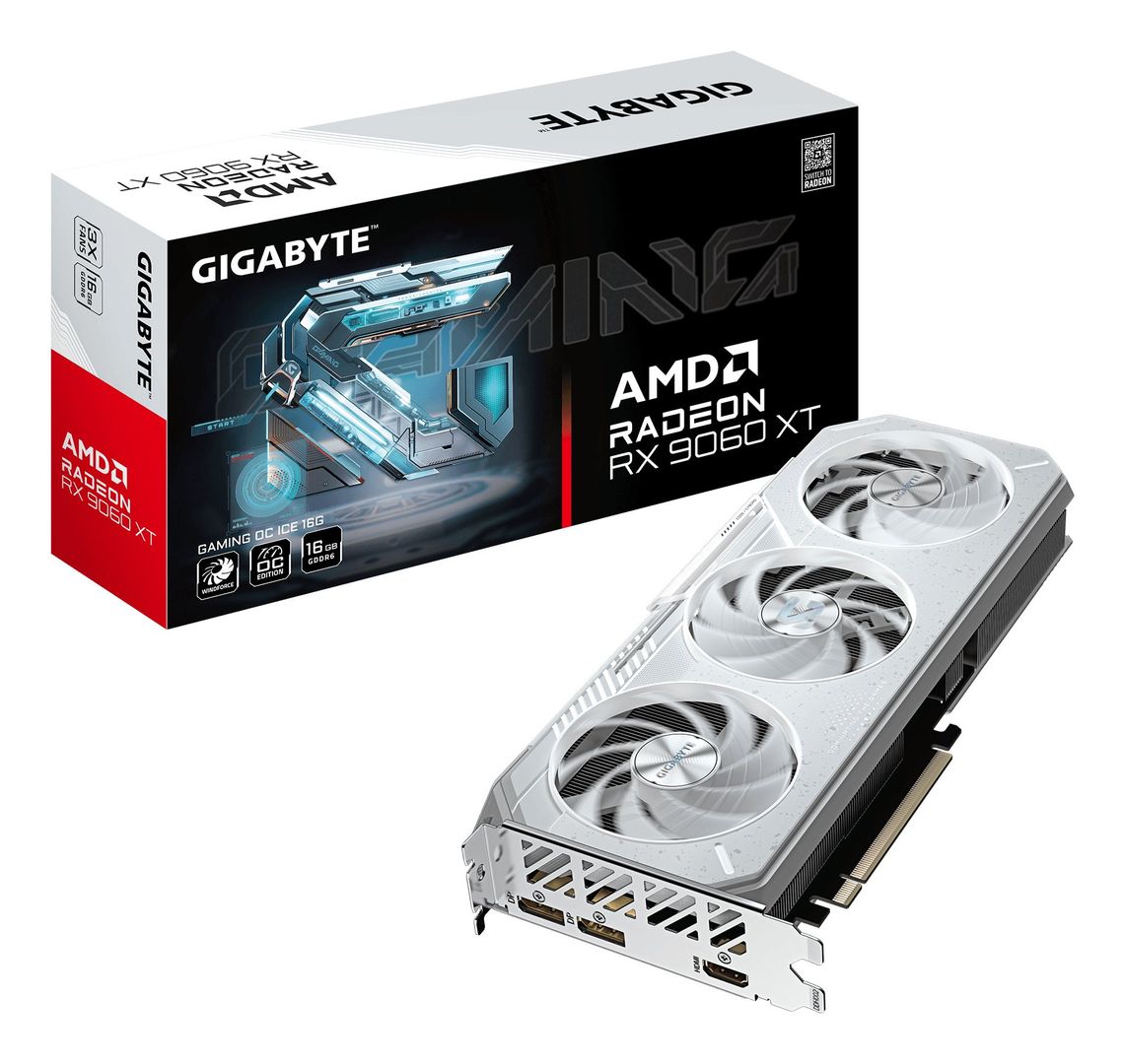 GIGABYTE GAMING Radeon RX 9060 XT OC ICE 16G Graphics Card - 16GB GDDR6, 256bit, PCI-E 5.0, 3320 MHz Core Clock, 2 x DisplayPort, 1 x HDMI, GV-R906XGAMINGOCICE-16GD - Image 1