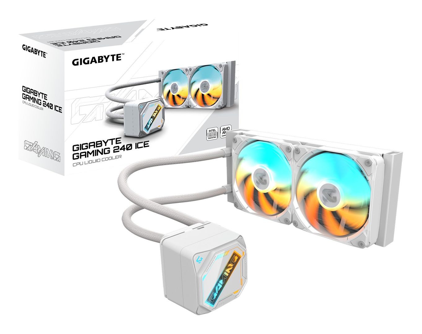 GIGABYTE GAMING 240 ICE Liquid CPU Cooler- 2x120mm ARGB Fans, slide-in interlocking mechanism, DAISY-CHAIN, Intel LGA 1851 and AMD AM5 Compatible - Image 1