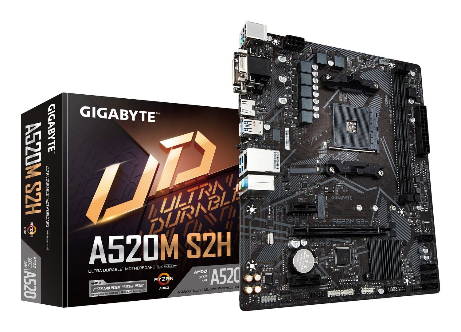 GIGABYTE A520M S2H Motherboard - Supports AMD Ryzen 5000 Series AM4 CPUs, 4+3 Phases Pure Digital VRM, up to 5100MHz DDR4 (OC), PCIe 3.0 x4 M.2, GbE LAN, USB 3.2 Gen 1 - Image 1