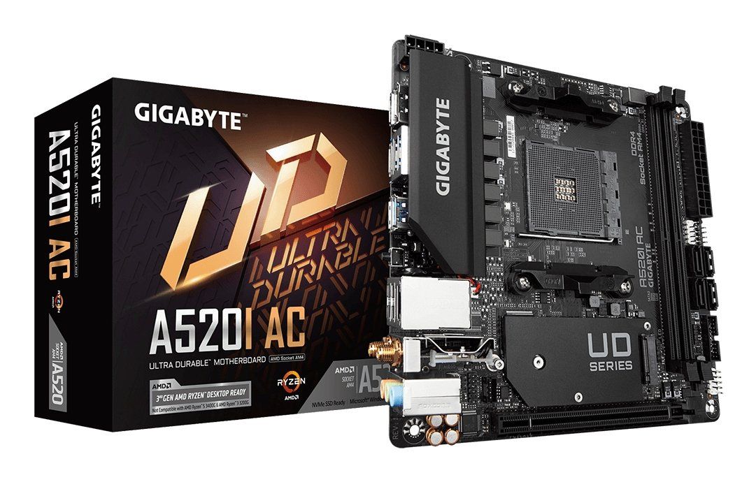 GIGABYTE A520I AC Motherboard - Supports AMD Ryzen 5000 Series AM4 CPUs, 6 Phases Digital VRM, up to 5300MHz DDR4 (OC), 1xPCIe 3.0 M.2, WIFI, GbE LAN, USB 3.2 Gen1 - Image 1