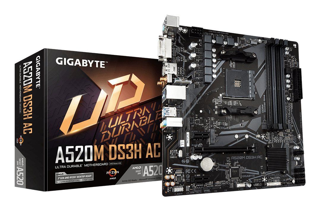 GIGABYTE A520M DS3H AC Motherboard - AMD Ryzen 5000 Series CPUs, 5+3 Phases VRM, up to 4733MHz DDR5 (OC), 1xPCIe 3.0 M.2, GbE LAN, WIFI 5, USB 3.2 Gen 1 - Image 1